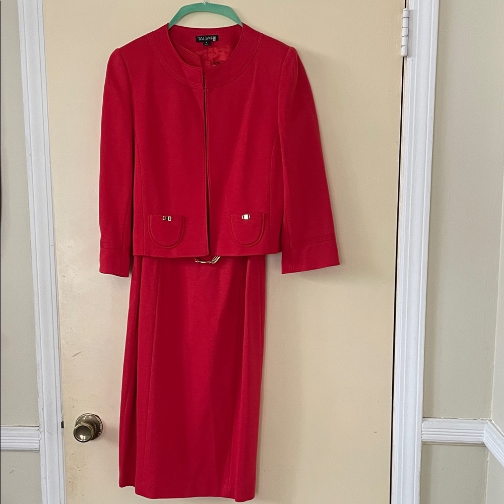 Tahari Vibrant Red Zip Jacket and Skirt Set